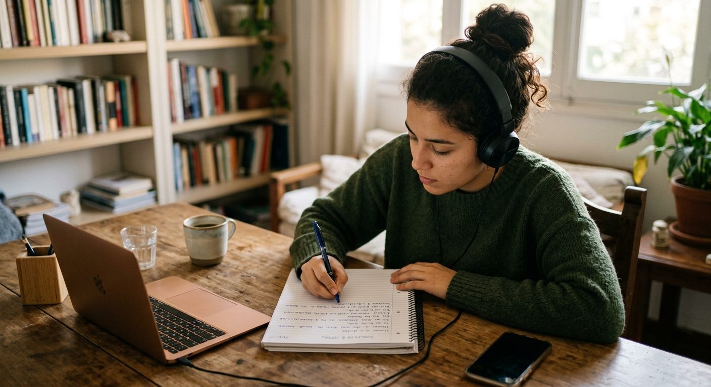 Una noia amb auriculars escriu a mà un dictat en una llibreta, amb el portàtil obert al costat i una prestatgeria plena de llibres al fons