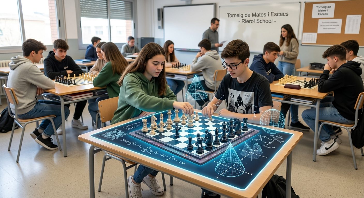 Una aula d'institut amb l'alumnat jugant partides d'escacs per parelles; sobre el tauler del primer pla s'hi projecten eixos de coordenades i figures geomètriques