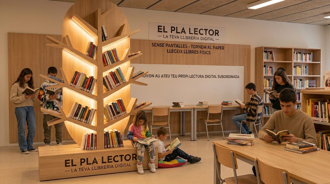 Una biblioteca d'aula amb una prestatgeria en forma d'arbre plena de llibres, alumnat de diferents edats llegint en paper i un rètol d'El Pla Lector