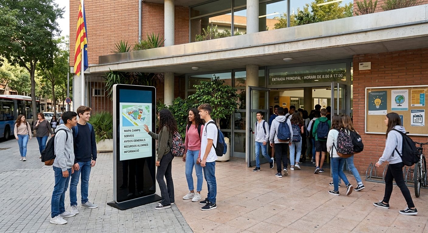 Un tòtem amb pantalla vertical davant l'entrada d'un institut, amb un grup d'alumnes consultant-lo mentre la resta entra al centre
