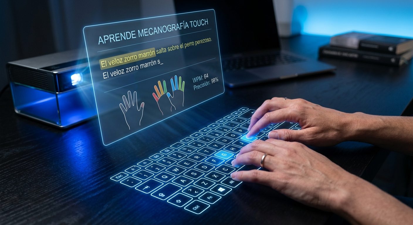Dues mans escrivint sobre un teclat projectat en una taula, amb una pantalla flotant que mostra la frase a copiar, les mans guia i la velocitat i la precisió
